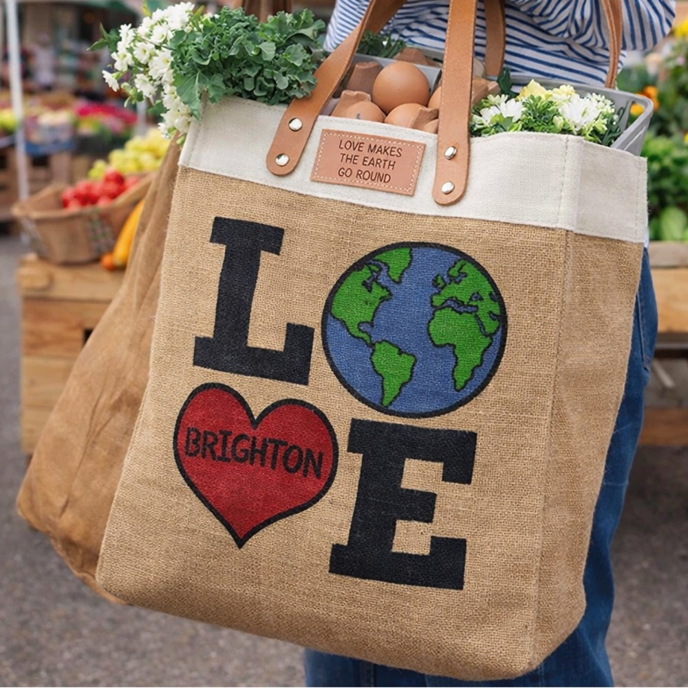 Brighton Love Earth Burlap Tote Leather Handles Eco Market Bag
